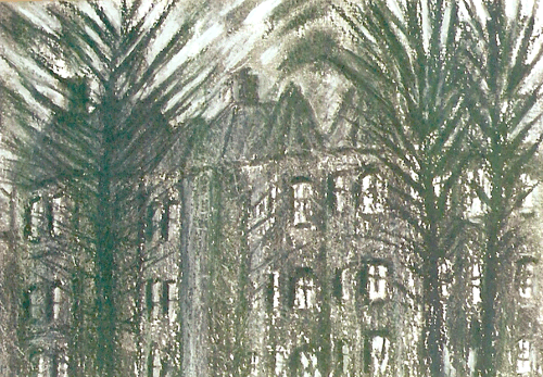 Hospital Buildings Behind Trees charcoal drawing