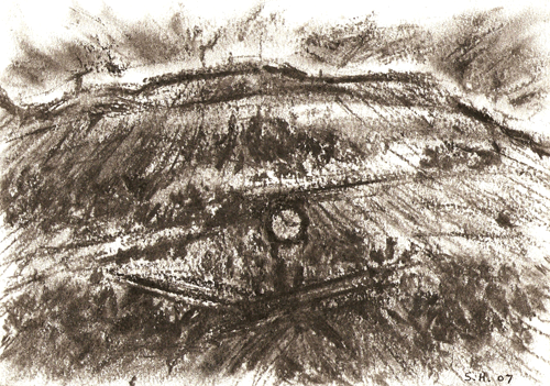 Quarry Clock in the Rain, 
Penmaenmawr charcoal drawing