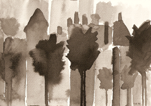 Trees and Main Building, Claybury Psychiatric Hospital ink drawing