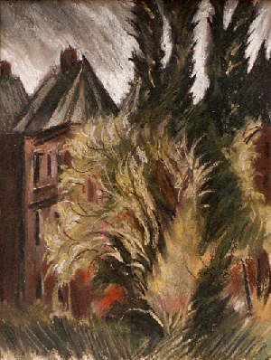 Buildings, Trees and Bushes pastel drawing