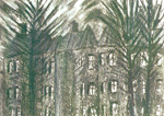 Hospital Buildings Behind Trees charcoal drawing